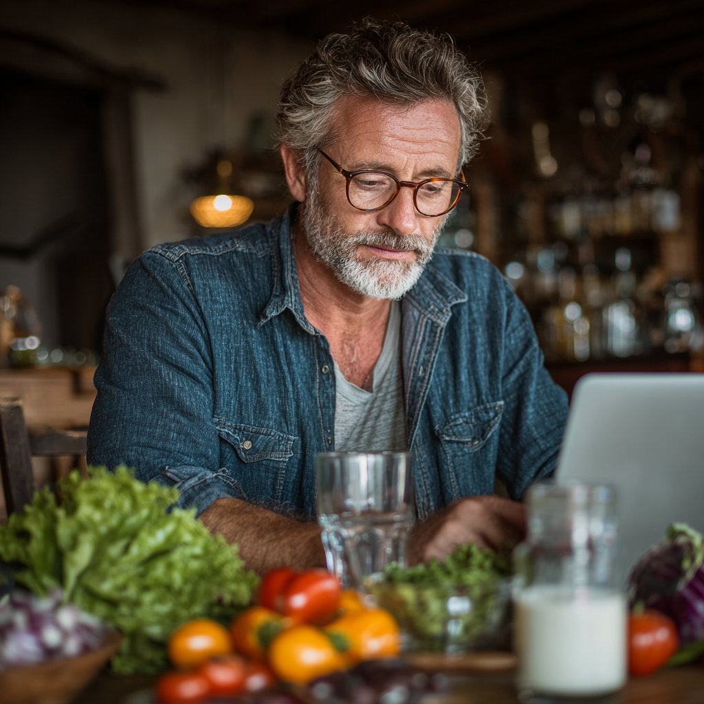 Чоловік 58 років переглядає персональний план харчування на комп'ютері