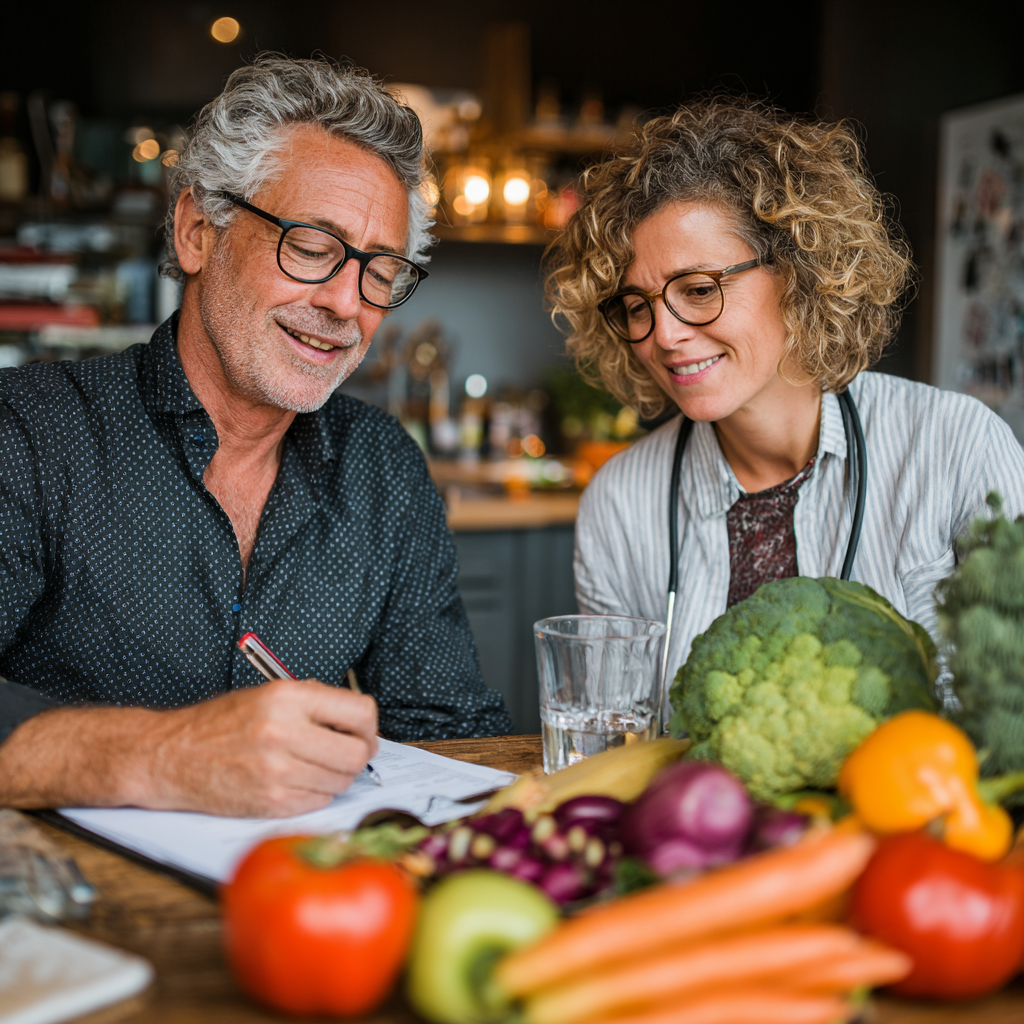 Чоловік 60 років з дієтологом обговорюють персональний план харчування
