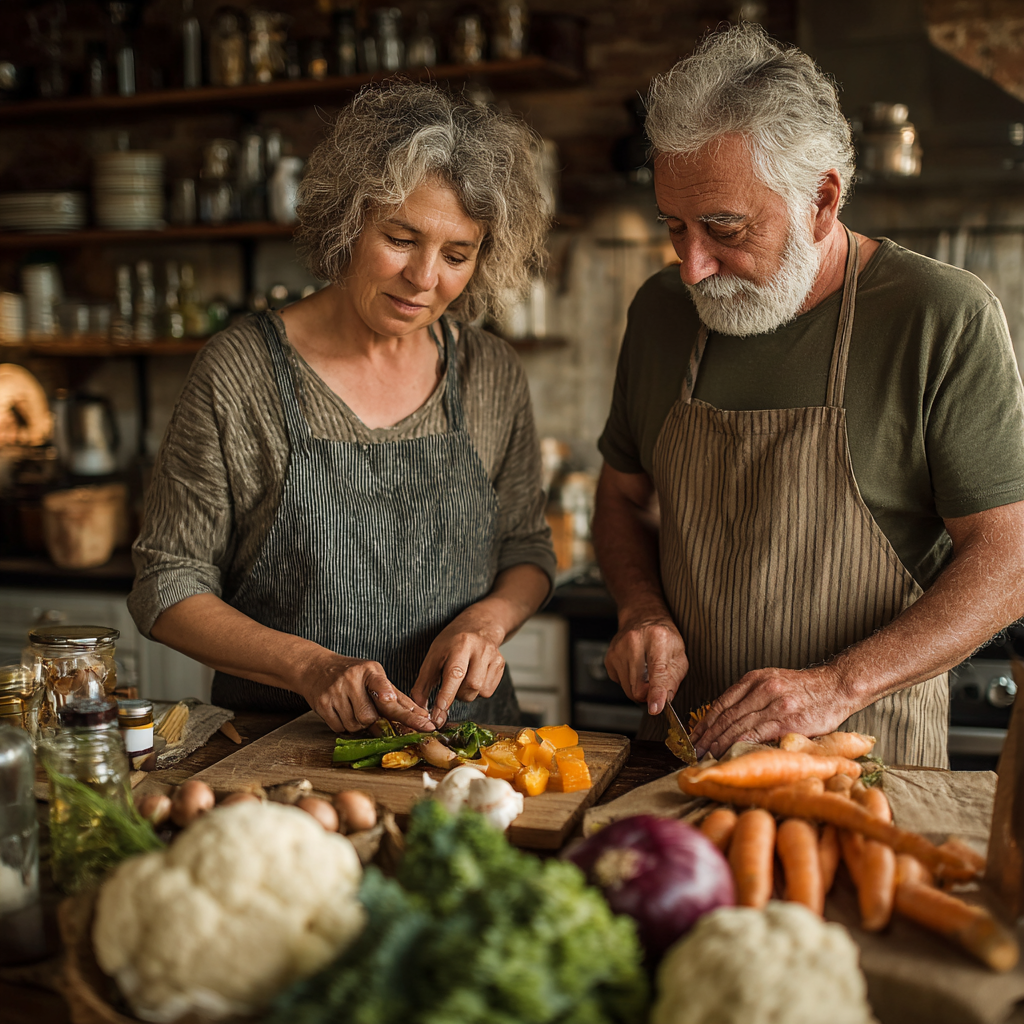 Пара у віці 52-60 років готує здорову їжу разом на кухні