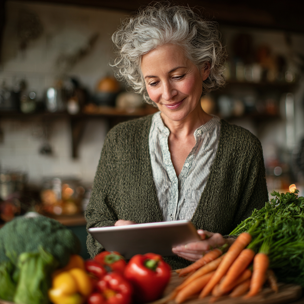 Жінка середнього віку 55 років обирає цілі харчування на планшеті